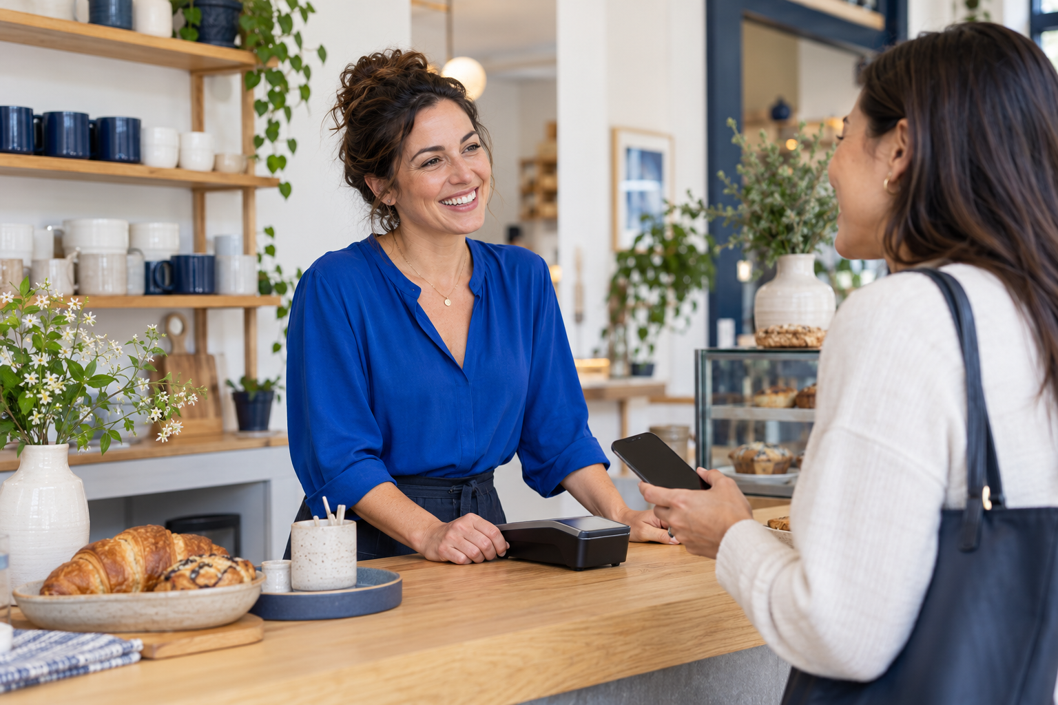 A business owner welcoming a customer who is using a smartphone at the counter